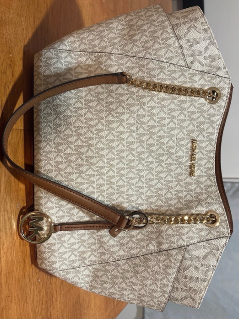 Michael Kors Cream Monogram Shoulder Bag with Tan Trim and Gold Hardware